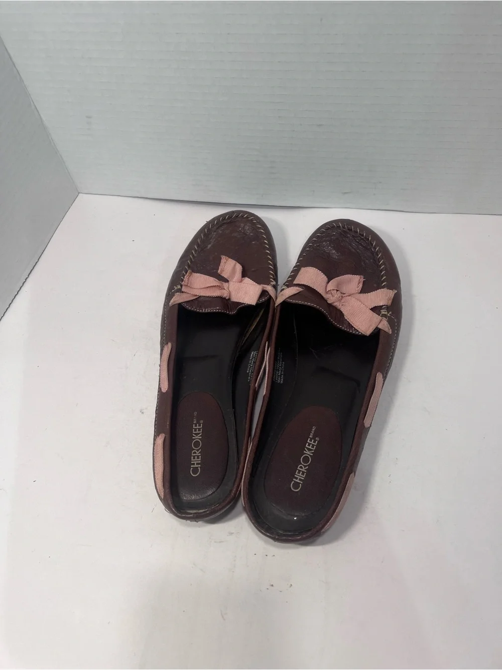 Cherokee Brown Loafers with Pink Bow Accents